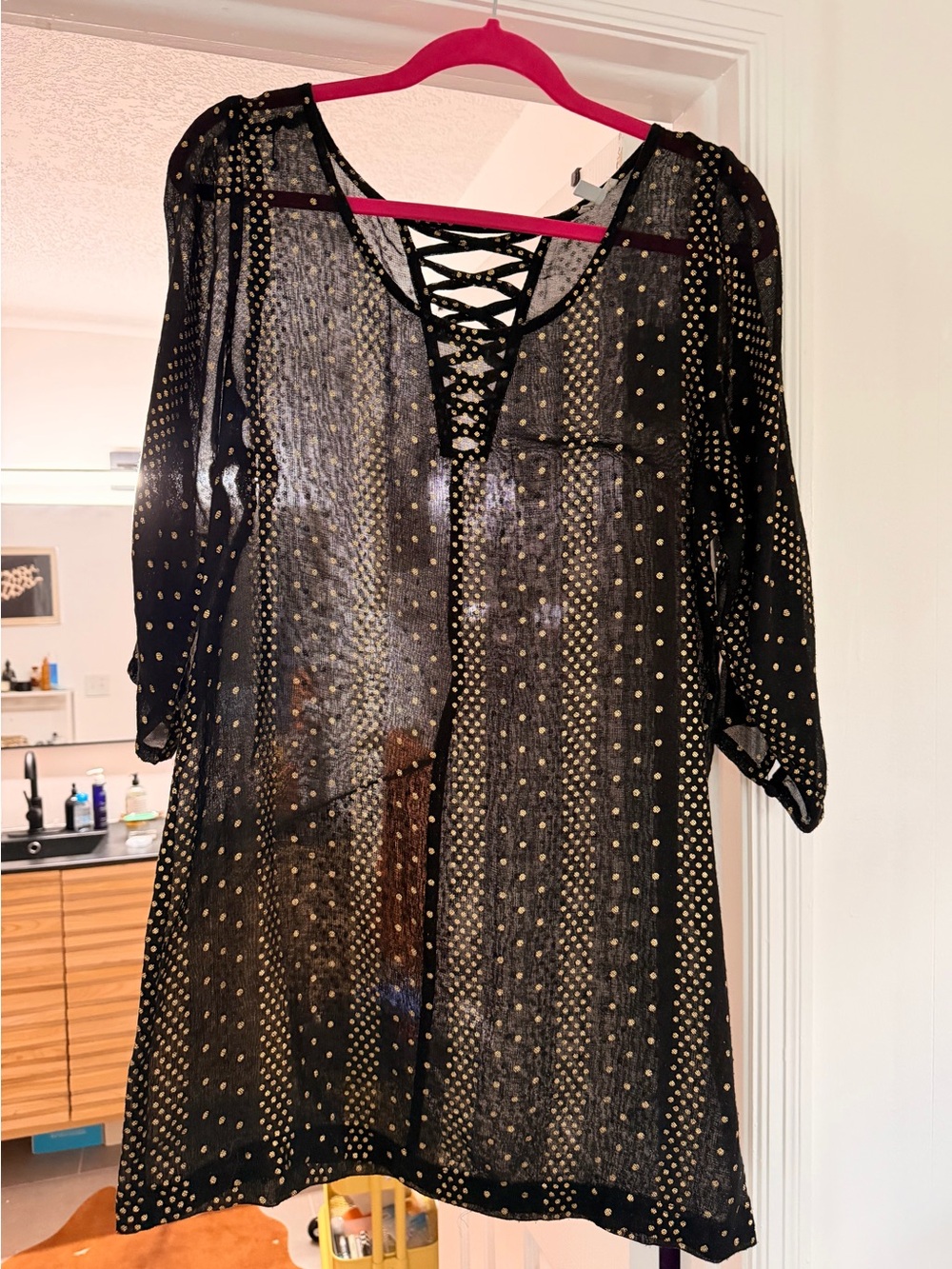 Black Gold Dot Lace-Up Sheer dress
